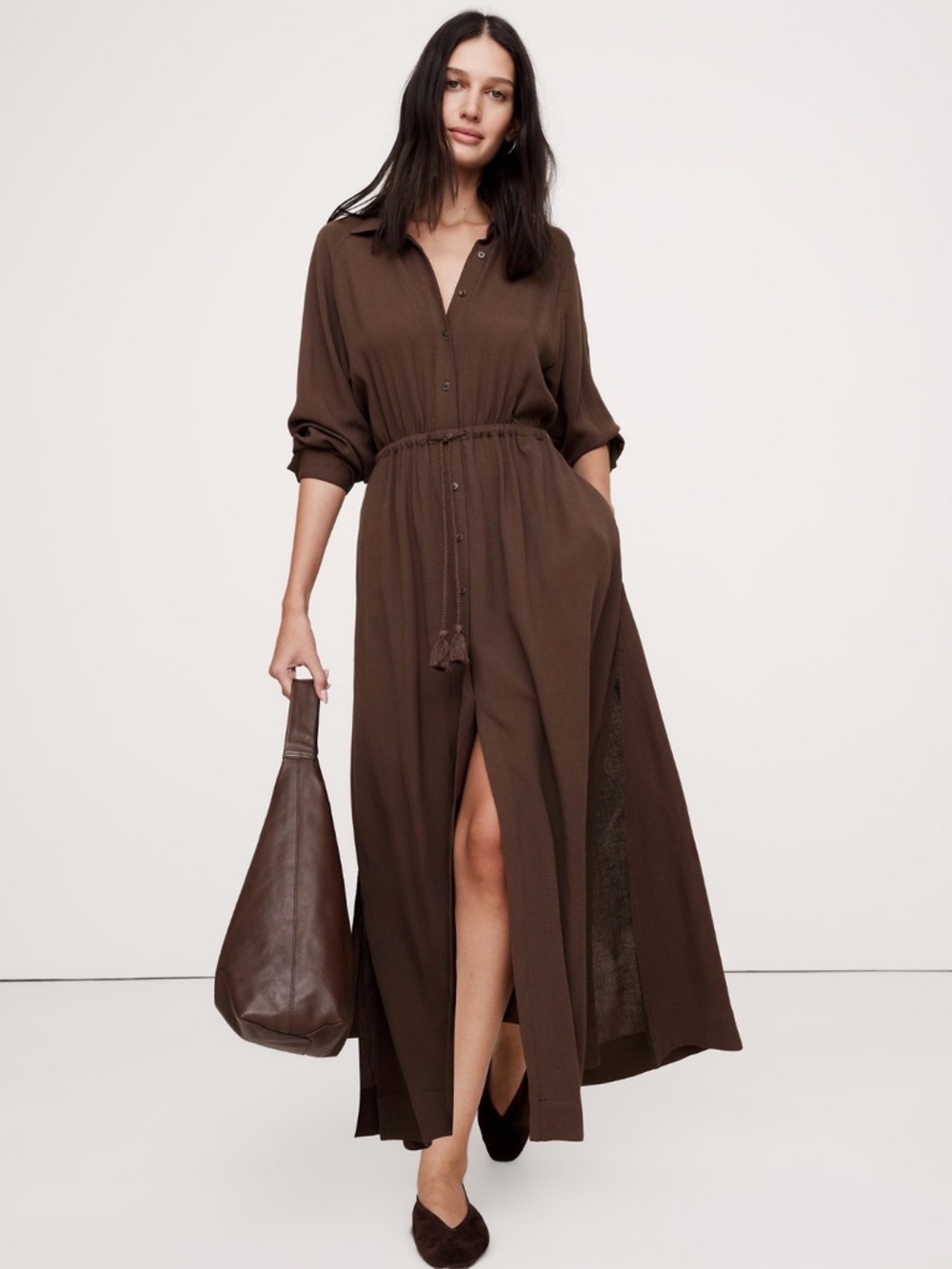 Banana Republic Brown Midi Shirt Dress with Drawstring Waist